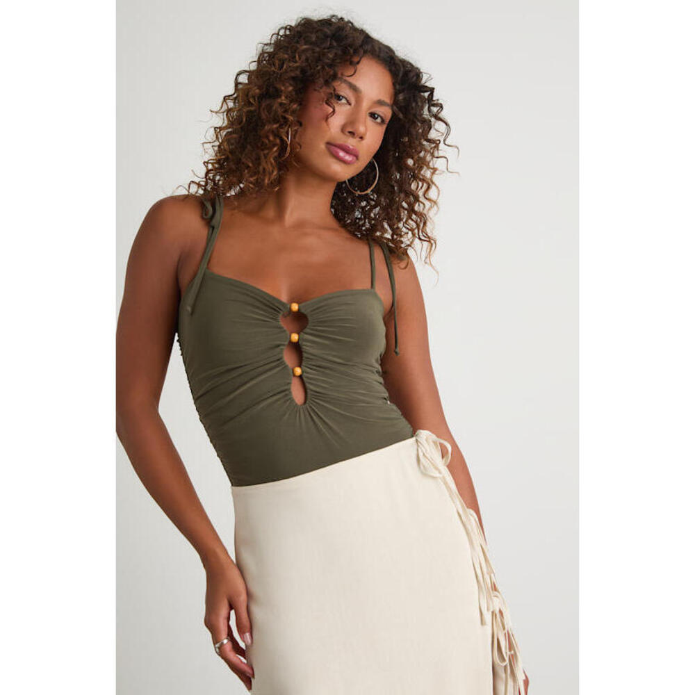 Lulus Zaynah Olive Green Tie-strap Cutout Bodysuit - NWT